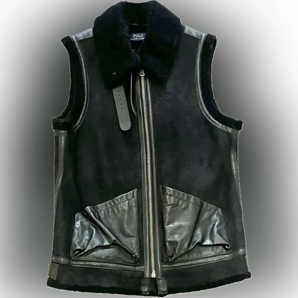 Polo Ralph Lauren Black Unisex Portuguese Lamb Shearling Aviator Vest - Picture 3 of 16